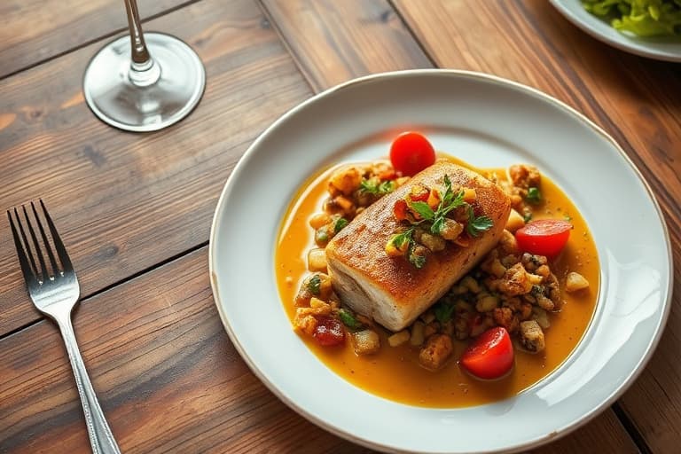 Stekt svinenakke fylt med tørkede tranebær og stuffing, servert med ovnsbakte rotgrønnsaker