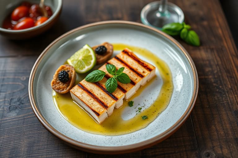 Hotrøkt laks med grillet fersken og basilikumvinaigrette, samt grillede ferskenquesadillas