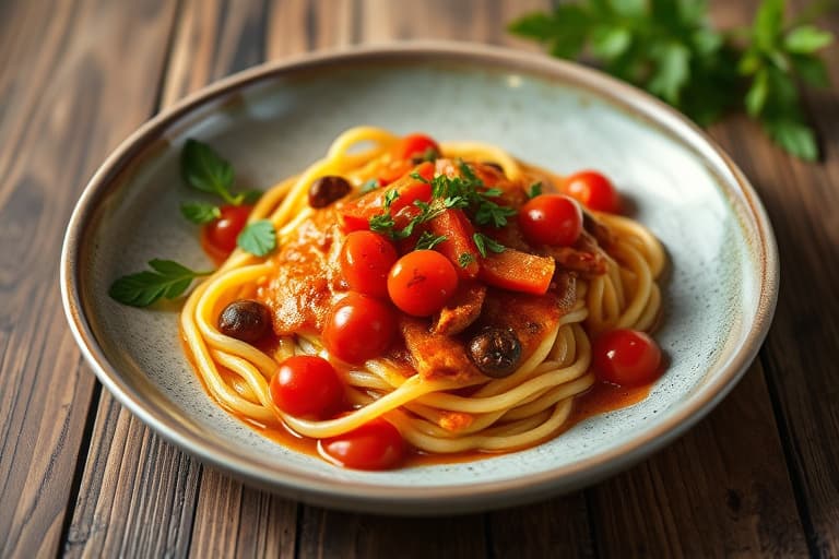 Potetpannekakebelagt flundre fylt med ildrøkte røde paprika og chorizo, toppet med ovnsbakt tomatsaus