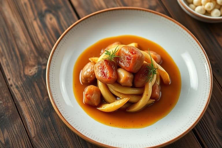 Hjorteloin på skuff-nudler med tyttebærkognaksaus, karamelliserte kastanjer og asparges