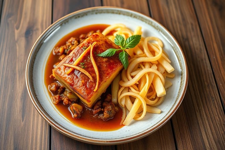 Chili-tilberedt svinekotelett med ingefær- og plommesaus og salat av hvite og gule yam.