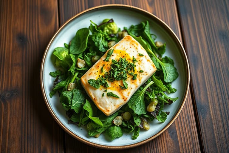 Opakapaka-fisk på Hirabara baby greens, grønt eplevinaigrette og stilton-bruschetta