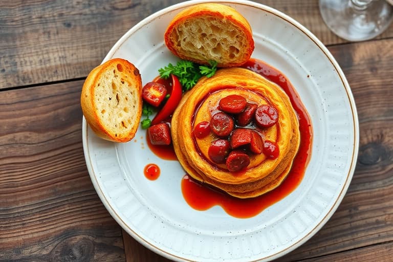Spanske stiletskiver med chorizo og ovnsbakt rød peppersaus, servert med grønne bønner