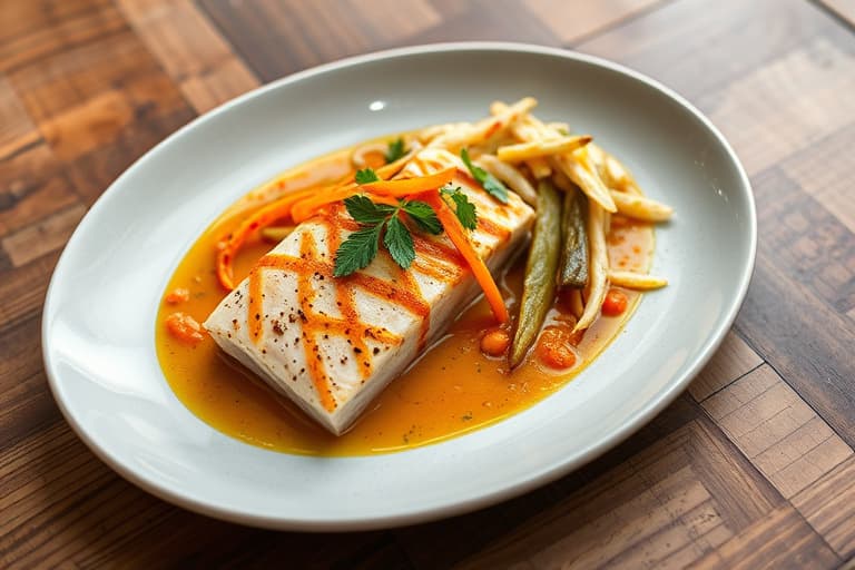 Sitrus- og ingefærdekket tunfiskfilet servert med fufu, chayote-slaw og røkt tomatvinaigrette
