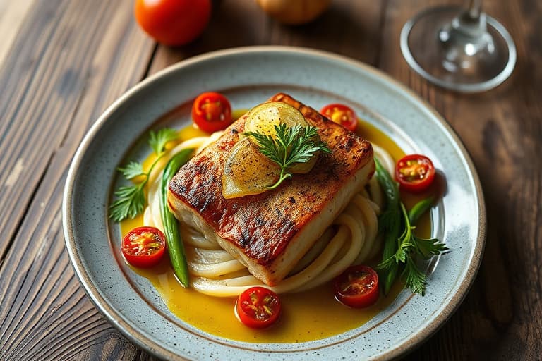 Grillet polsk pølse toppet med karamelliserte løk, søtpotetmos og grillede tomater