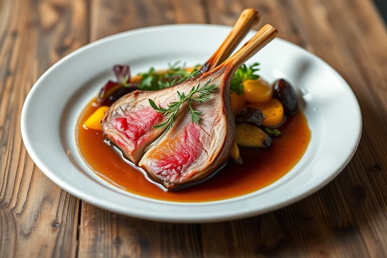 Ristet rack av Silverton-lam 'en Crepinette' med Oregon-hasselnøtter, moreller og ville brennesler, servert med økologisk hveteperlesalat