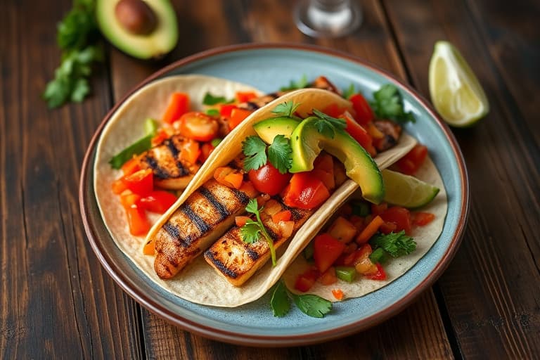 Grillede mahi mahi-tacos med rødkålsalat, tomat- og avocadosalsa samt ananas-hot saus