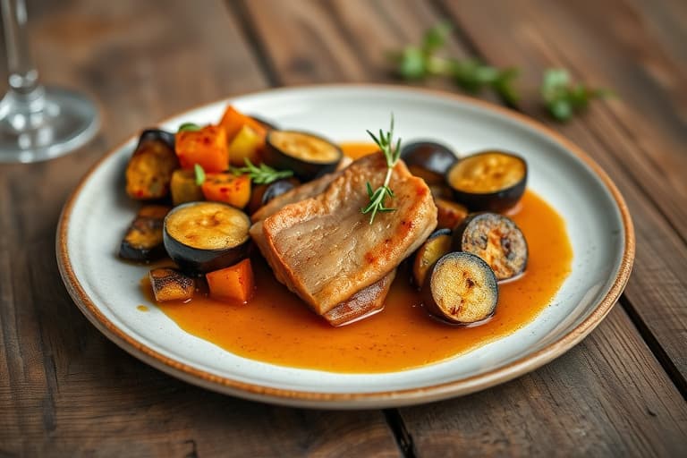 Ristet lammelår av vårens lam med ovnsbakt hvitløk og rosmarinsaus, samt ratatouille med portobello og aubergine