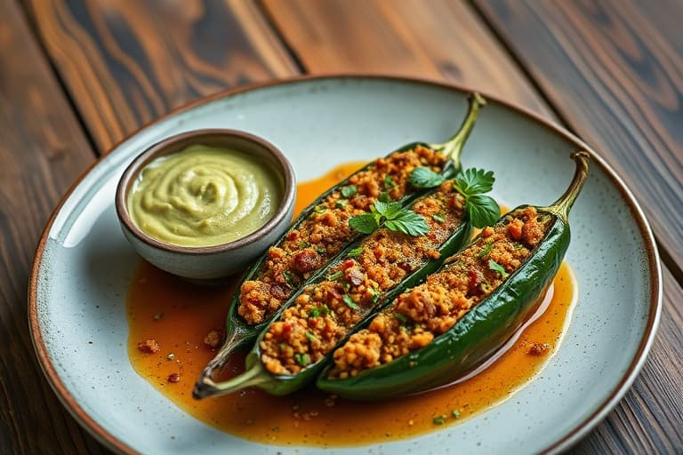 Chiles Rellenos de Frijol med avocadodip: Poblano-chili fylt med refriedbønner servert med guacamole-saus