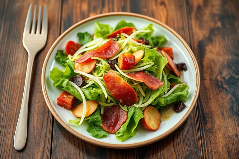Varm salat med frisée og babyspinat, sopp, bacon, søtlig sjalottløk og sprø krutonger; sherrydressing