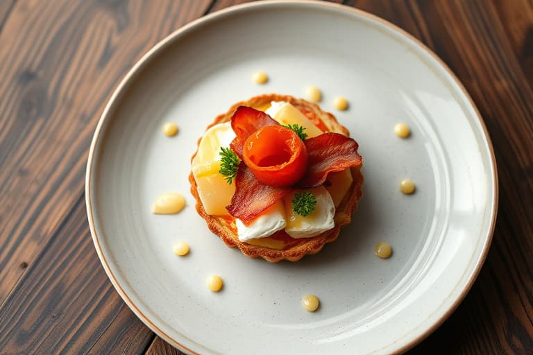 Tarte Flambé med urtedekket crème fraîche, lagret cheddar, karamellisert Vidalia-løk, dobbelt røkt bacon, myke eggerøre og geitost