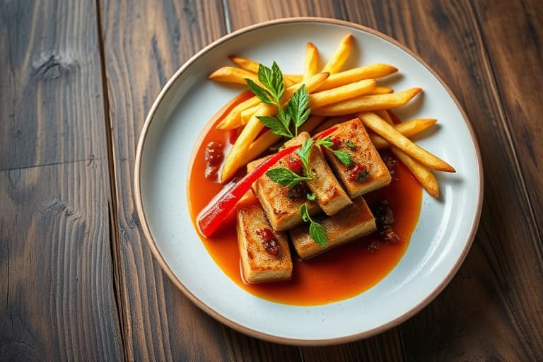 Dampede blåskjell med kokos- og grønn chilisaus, servert med svarte pepper-frites og røkt rød peppersaus med aioli