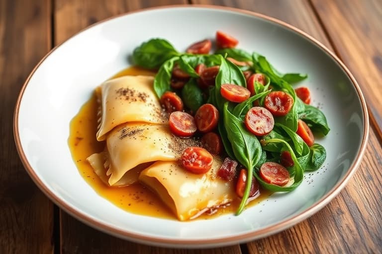 Rosmarinkyllingbryst, ravioli med brunet smør og balsamico, varm spinatsalat med pancetta og søt vinaigrette