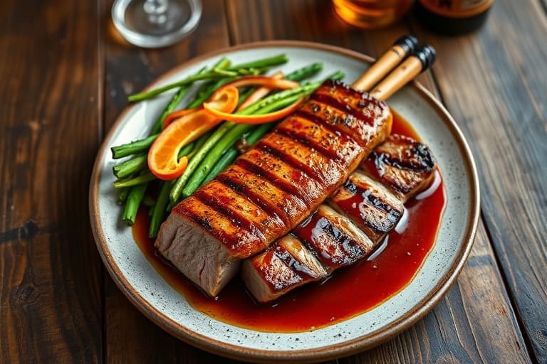 Langtidsgrillede svineribbe med tørket aprikos og fersk mynte, BBQ-glaze med sukkotash-salat