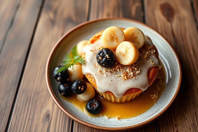 Sesam- og kastanjemuffins fra Chestnut Mountain (kastanjekaramellkake med svart sesamkrem og kastanjefrosting, servert med svarte og hvite sesampinner)