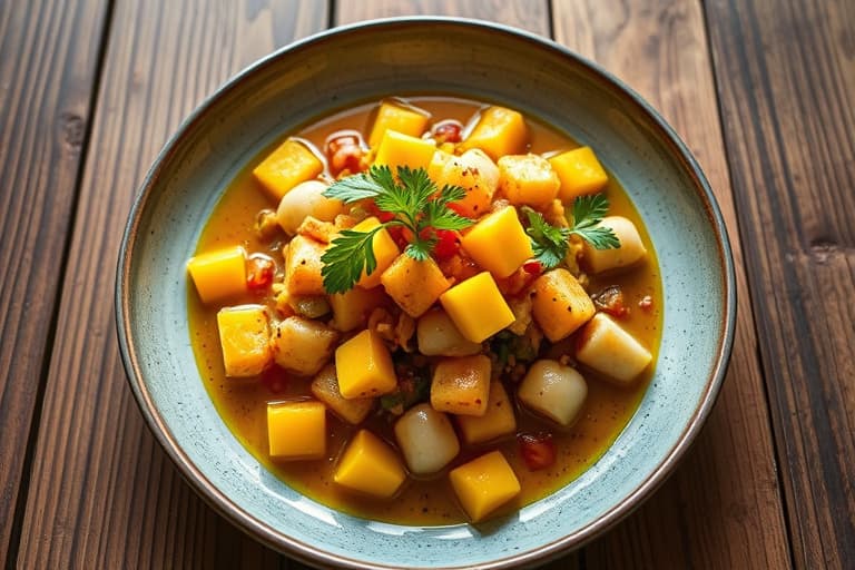 Sukkerstangspydede sjøkreps med mango, hjertesalat av palmekål og Scotch Bonnet-sirup laget av sukkerrør