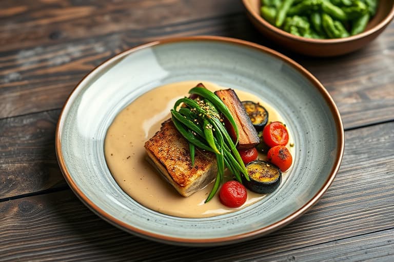 Tahini-grillet laks med sautert spinat, rødbeter med sesamfrø, auberginepuré og tahinisaus