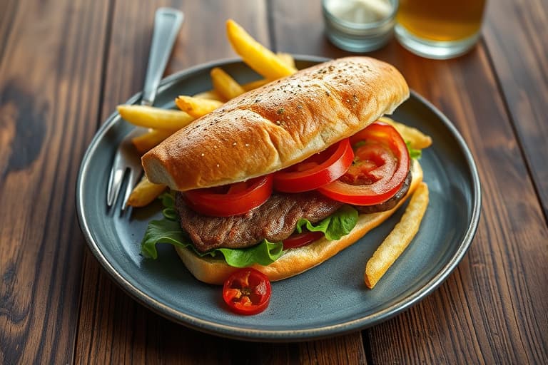 Tørmodnet italiensk biff-sandwich med hjemmelaget giardiniera, søte paprika, suet-friterte chips og brokkolirabbi