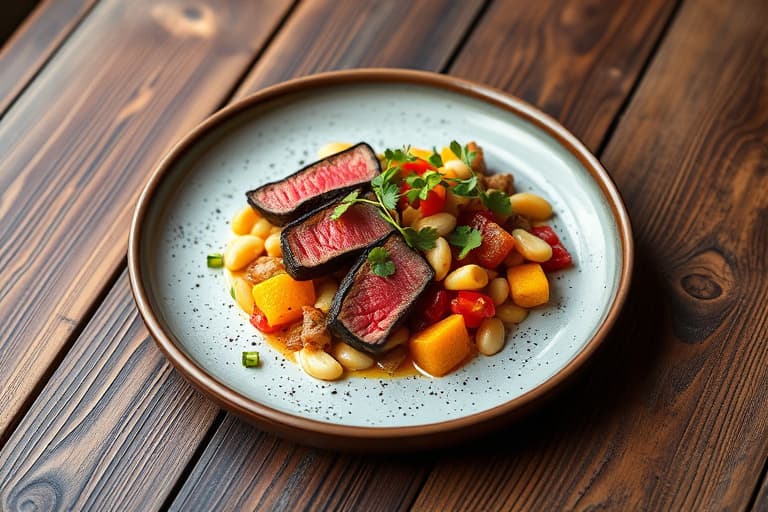 Rødt Chile-innbakt Wahoo, ristet makadamianøtt- og rødløksalat med poteter, og mangomarinert Malibu-romsild.