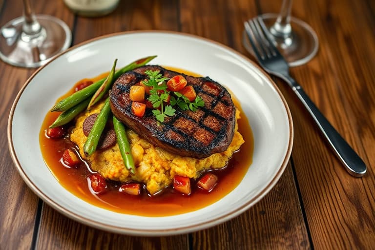 Miniutfordring: Grillet New York Strip-steak med Tennessee-inspirert drunken braised Brusselsspirer og baconhash, servert med en krydret karibisk sitrus- og kanelchutney