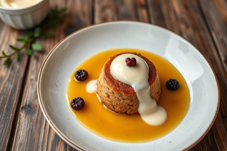 Gresskarbrød-pudding med krydret karamell- og eplesaus og vaniljebønnecreme anglaise