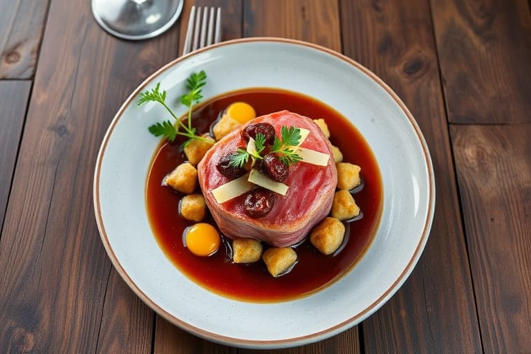 Rostet svinekam med kongerekke, fylt med kantarell, eple og cheddar, servert med zinfandel-saus