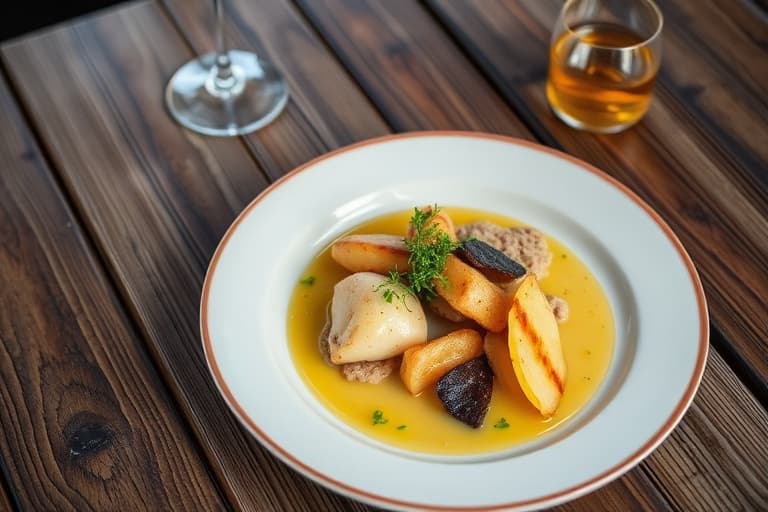 George's Bank-havabbor med savoykål, hvitløksconfit og fingerling-poteter i hummerkrem