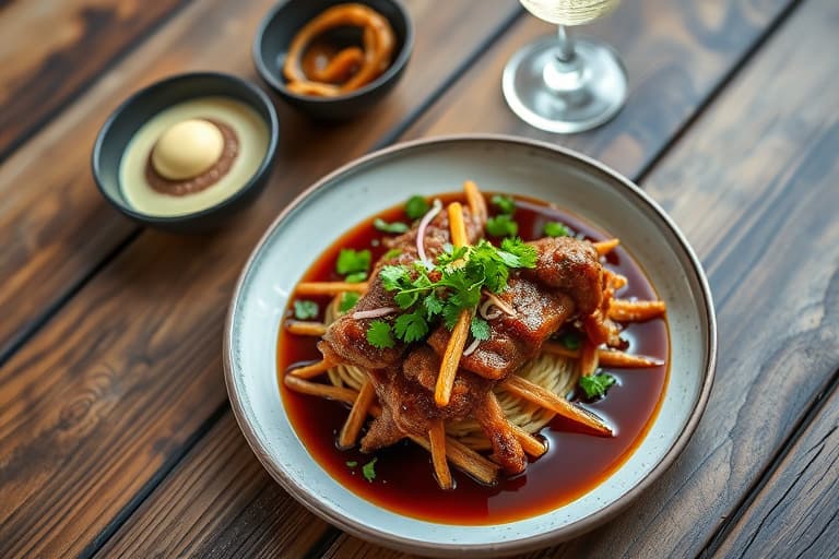 Friterte sprø svinekjaker med chiliknøttsaus: Carnitas med guajillo-saus og peanøtter