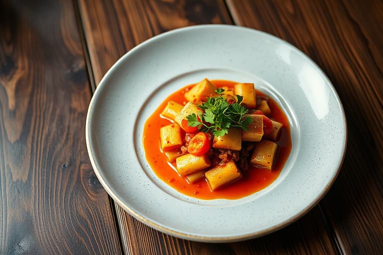 Pannestekt and med rød chili- og pæresaus, bourbon- og brunt sukker-asiatisk pæresalat, samt potet- og blåmuggostkaker