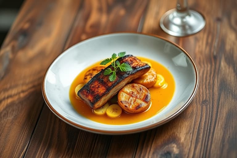 Ristet poussin med seksten krydder, servert med karamellisert mango- og hvitløksaus, samt stekte plantains