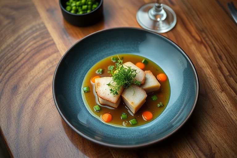 Charlie Trotters laks med Olympia-østers, hijiki- tang og ingefær-shiso-mirin-suppe