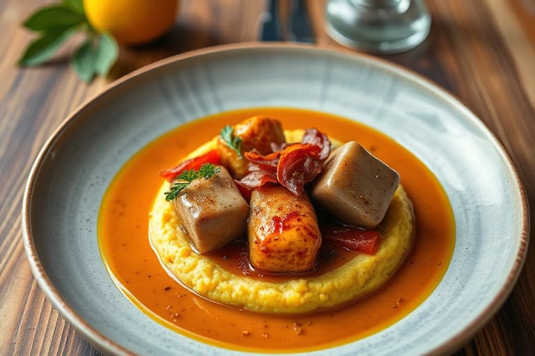 Lammeknoke med tranebær- og mandarinssaus, brasede rødkål, kremet polenta med salvie og pancetta