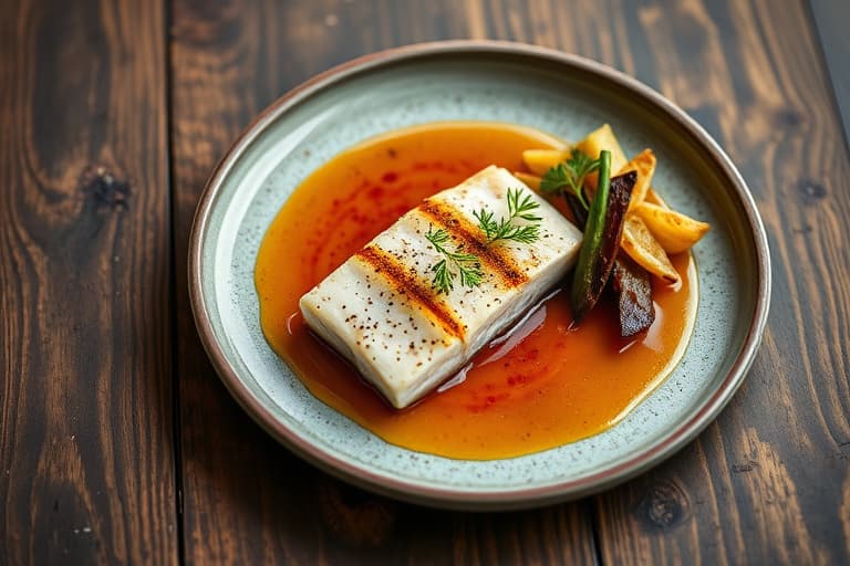 Ristet tunfisk med fennel- og Rioja-rødvinssaus, karamelliserte små løk og braisert fennikel