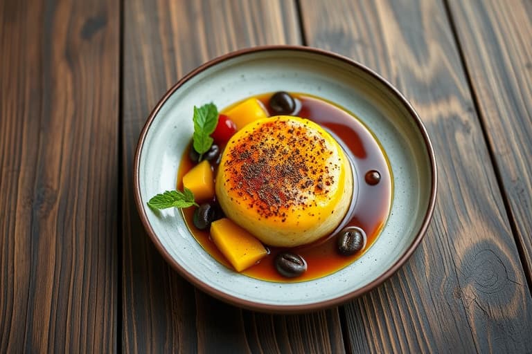 Sjokolade- og mangobærrømmebrûlée