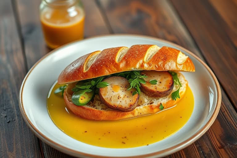 Grillet kyllingsandwich på pretzelbaguette med sitron- og sennepssaus