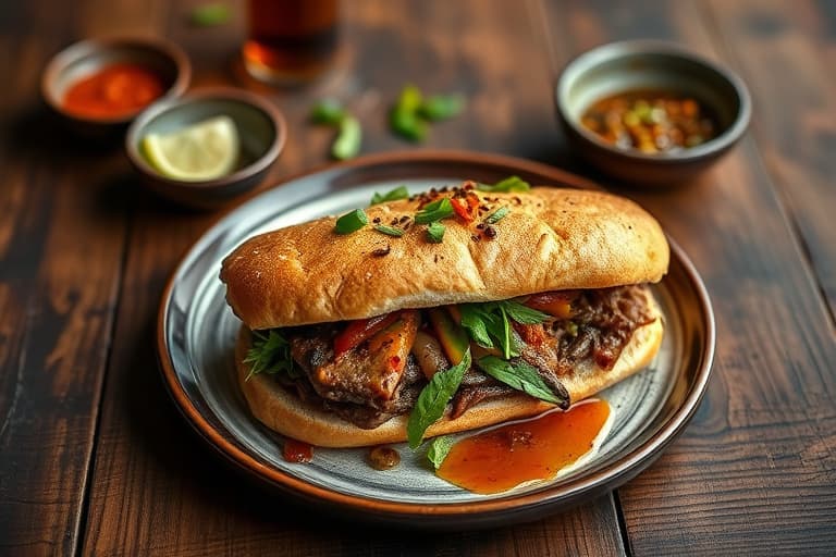 Vietnamese 'Shaking Beef'-sandwich med ildrøkt jalapeñosausjon, vannkreps og sprø stekt løkstrimler