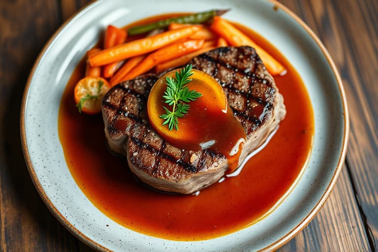 Surf and Turf-tilbud: Bifffiletsteak med Manhattan-saus, stekte kamskjell og sitronfargede aspargesstenger