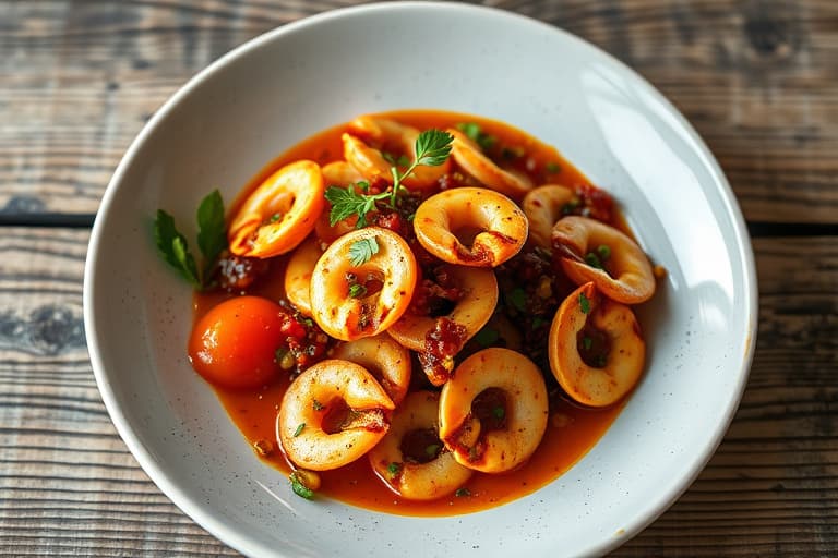 Calamari, tomat- og paprika- sautés med ansjoser og kapers