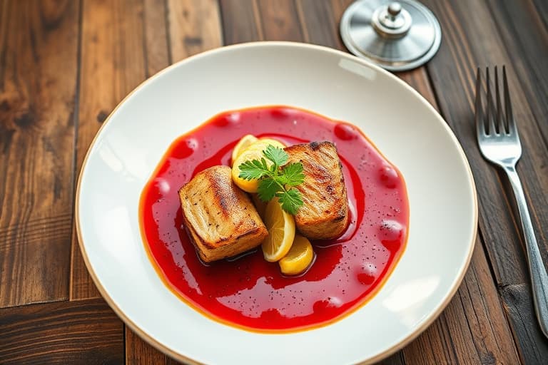 Tournedos av okse med sopp-, senneps- og rødvinsaus, servert med karamellisert løk- og potetgrateng