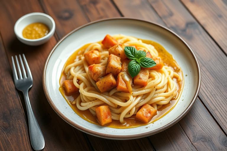 Brased ris med lammekoteletter, pølser og kalvestrimler, toppet med sopp og en basilikum-tomat saus