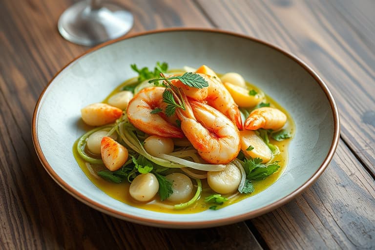 Asiatisk pæresalat med små bønner, risvinsvinaigrette, honningristede mandler og scampi glasert med pære