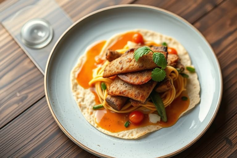 Langtidsstekt svinekjøtt med kokos-karri saus, mais tortillas, fersk tomatsalsa over basmatiris