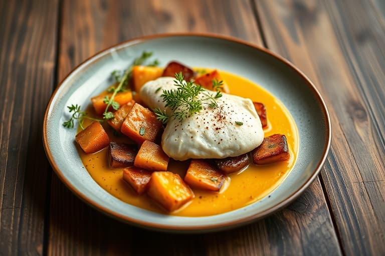 Pannestekte lammedaller med ovnsbakt gul squash-puré
