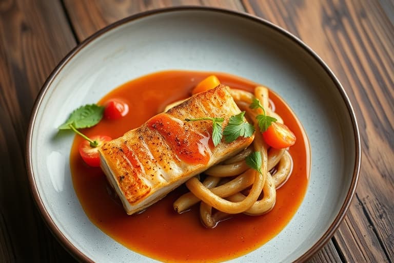 Grillet svinenakke fylt med valnøttromesco og servert med karamellisert dadel- og sjalottløkssaus