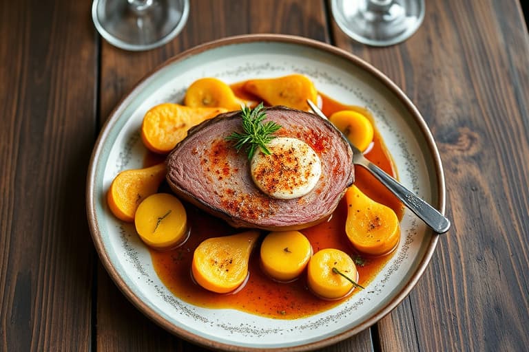 Panert torsk med korianderristede skorpe, servert med pepperrotmos, karamelliserte løk og sauterte pattypansquash.