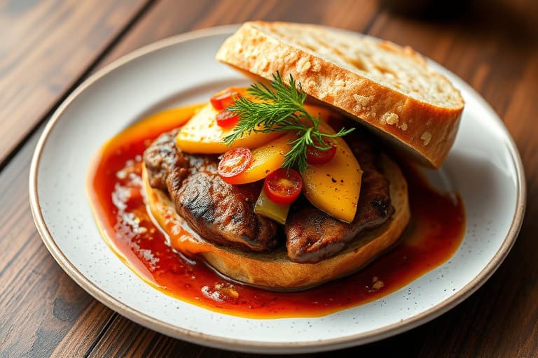 Kjøttpålegg med krydret svinefilet, servert som sandwich med Mesa BBQ-saus og krydret mangoketchup