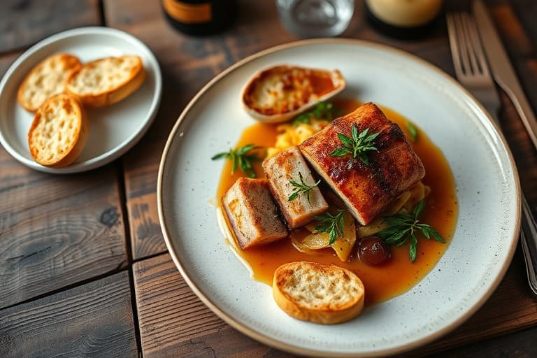 Kaffe-krustet kortreinsribbe med karamellisert sjalottløk- og blåmuggostfondue, servert med crostini