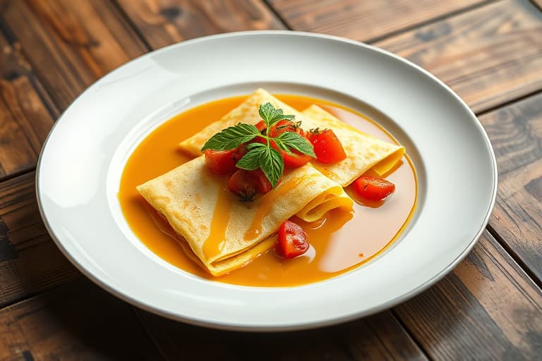 Bokhvetecrêpes med timianfløtesaus og tomater