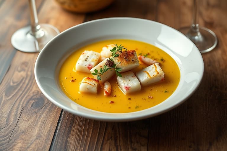 Laksesuppe med krabbe, fullkornskrutonger og pinotglasur