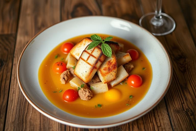 Panestekt struts med sprøtt brissel, salsify-puré, potetpuré, ovnsstekte tomater, blyantasparges, enoki-sopp og glace de Médoc